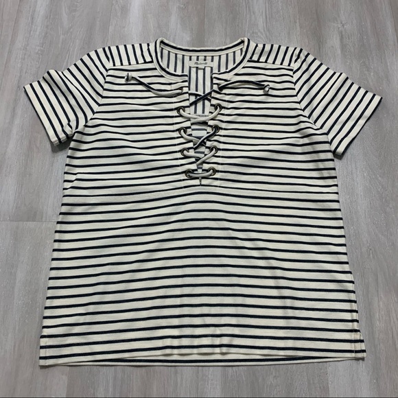 Madewell Striped Lace Front Cream Top Sz S - Picture 2 of 8
